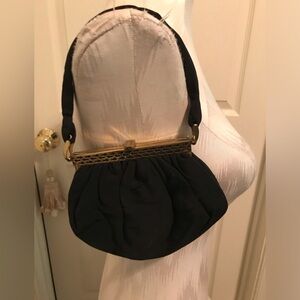 Vintage handbag small crepe black with brass